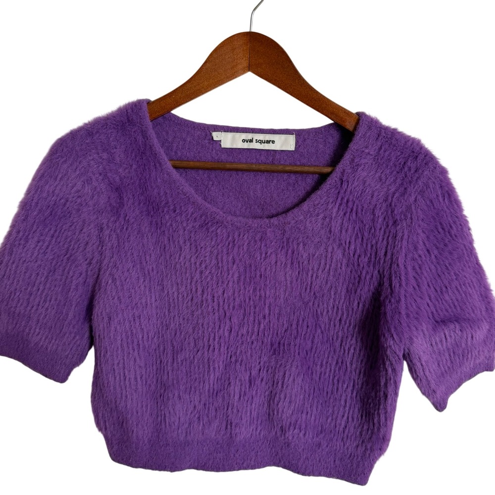 Anthro Oval Square Purple Fuzzy Short Sleeve Scoop Neck Top OSYoung Size L Rave‎